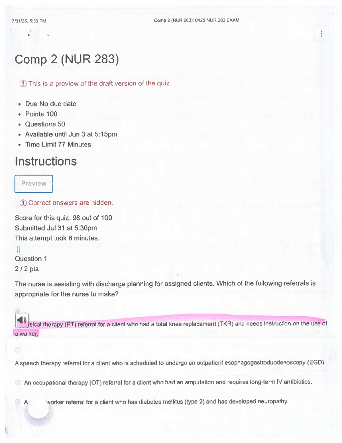 Comp 2 (NUR 283): 0425 NUR 283 Exam Practice Questions - Studocu