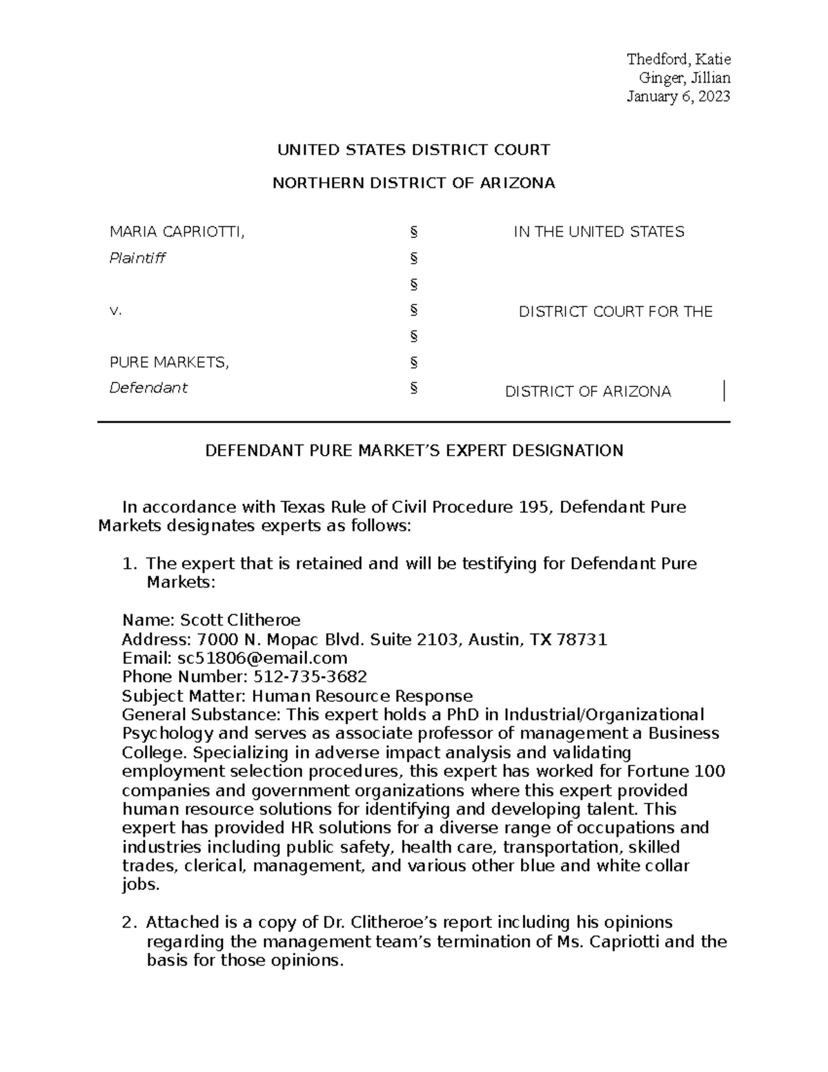 Expert Designation for Defendant Pure Markets - Case No. 2023-001 - Studocu