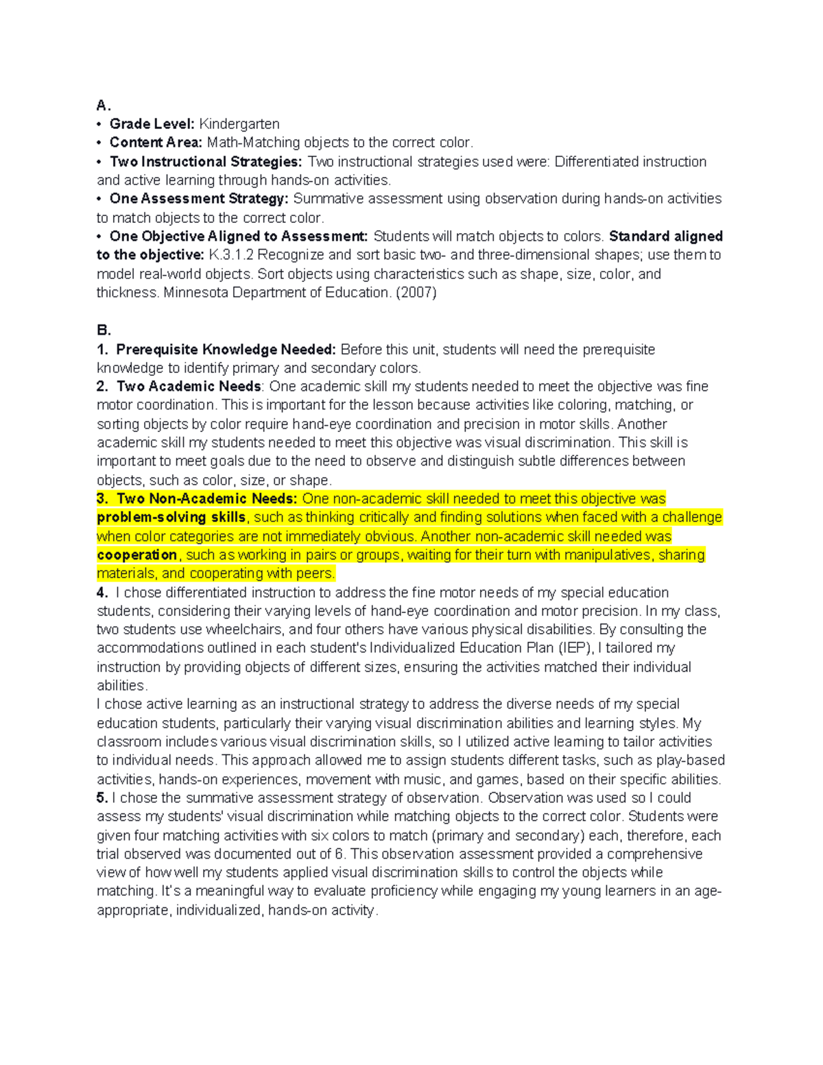 D629 Task 1-Passed - A. Grade Level: Kindergarten Content Area: Math ...