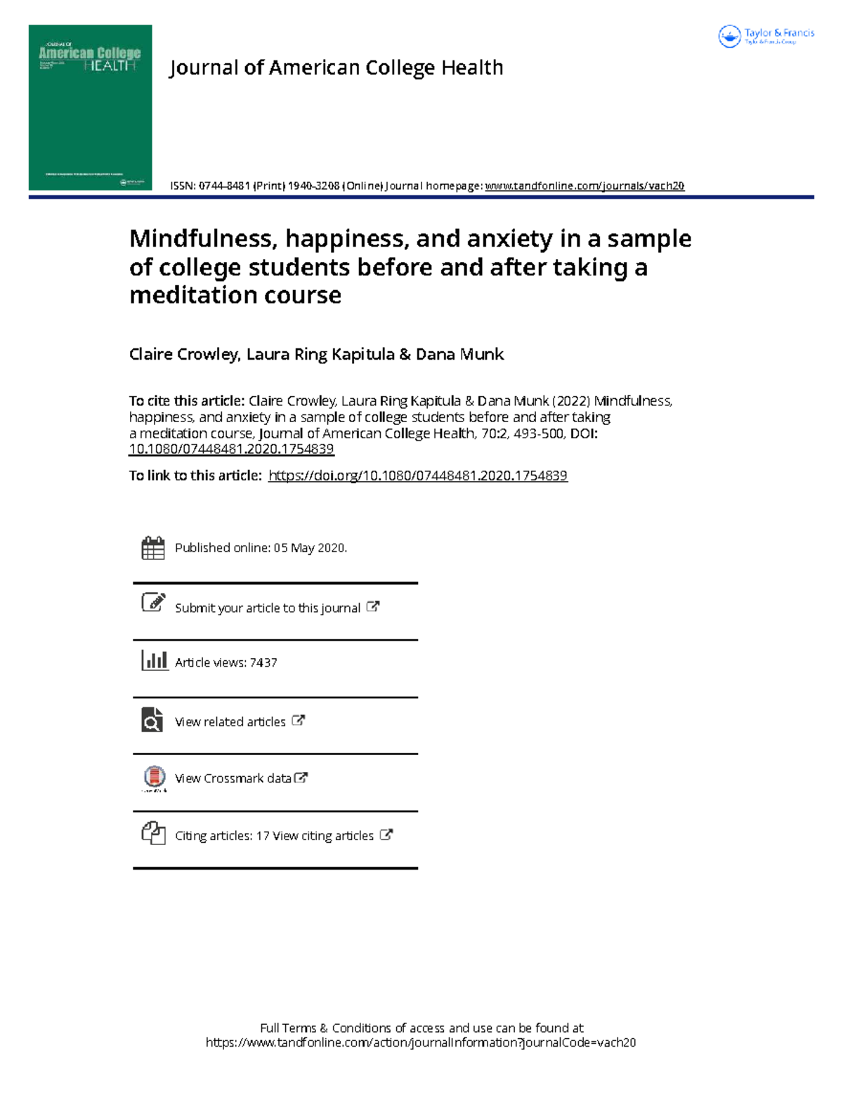 Mindfulness, Happiness, and Anxiety in College Students: A Meditation ...