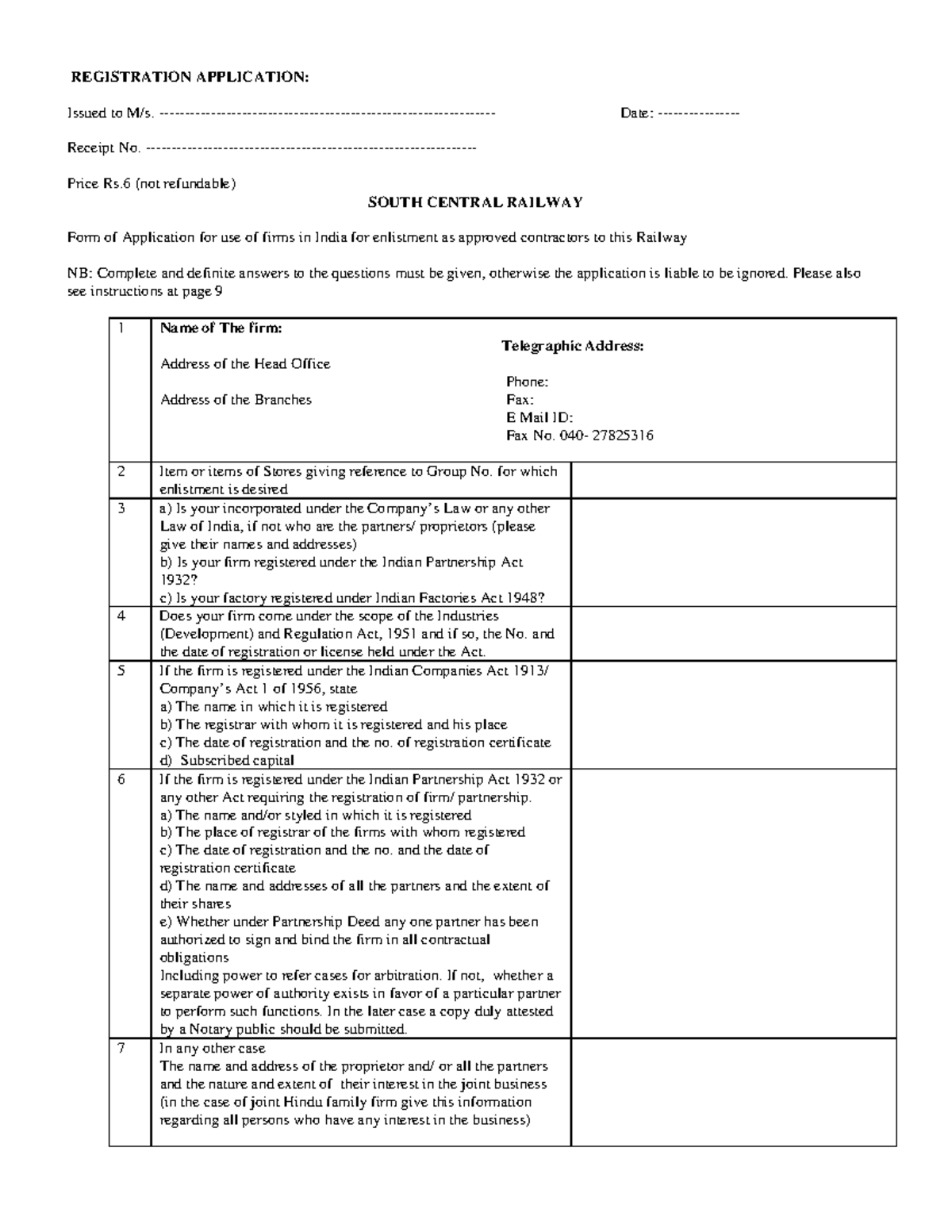 SOUTH CENTRAL RAILWAY Registration Application for Approved Contractors ...