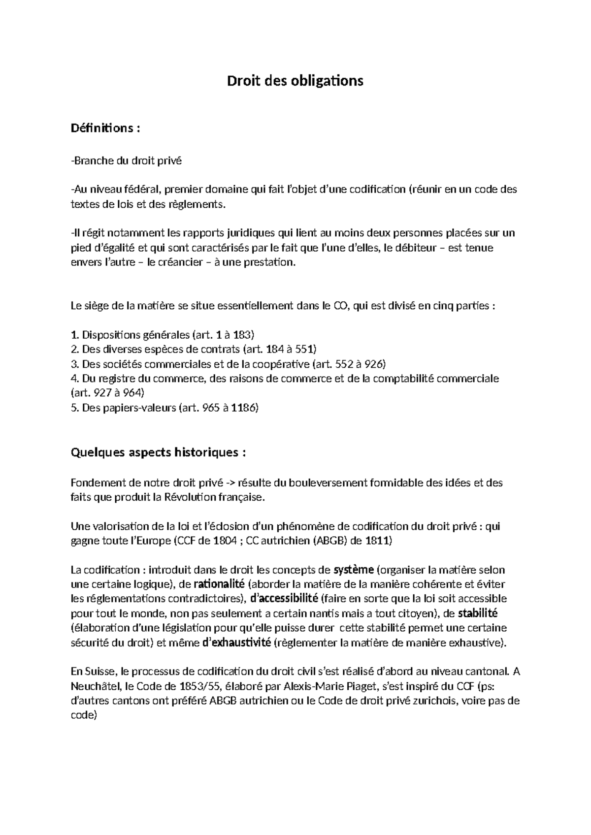 Droit des obligations : Notes de cours sur le CO et la codification ...