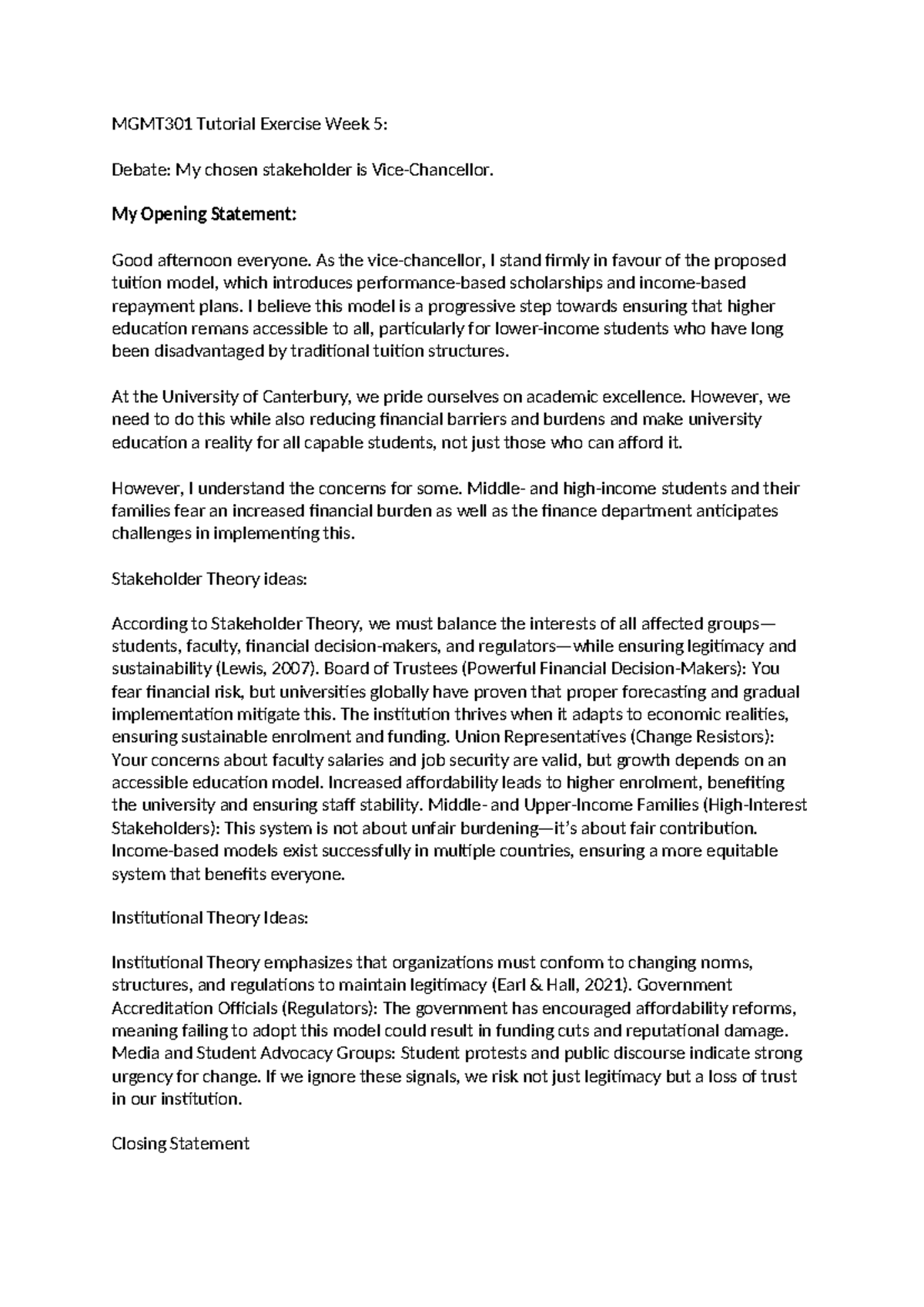 MGMT301 Tutorial Exercise Week 5 - My Opening Statement: Good afternoon ...