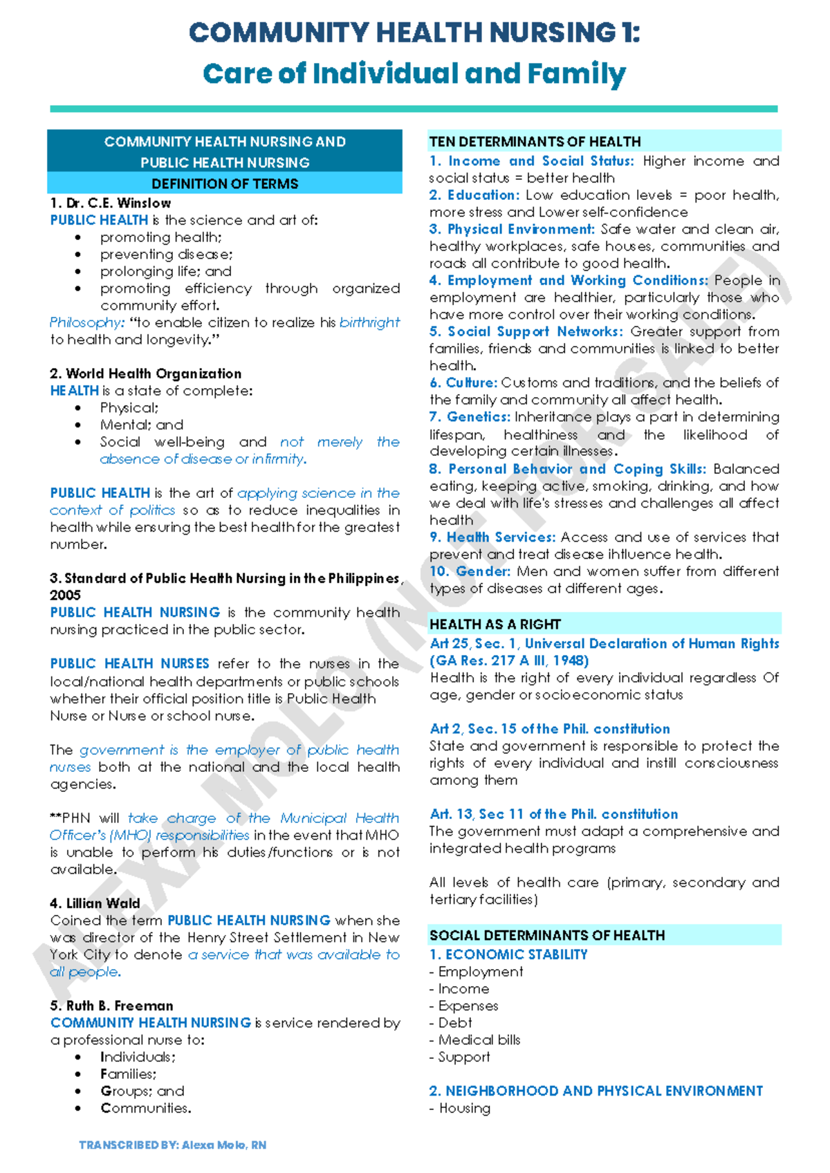 CHN 1: Community Health Nursing and Public Health Definitions - Studocu