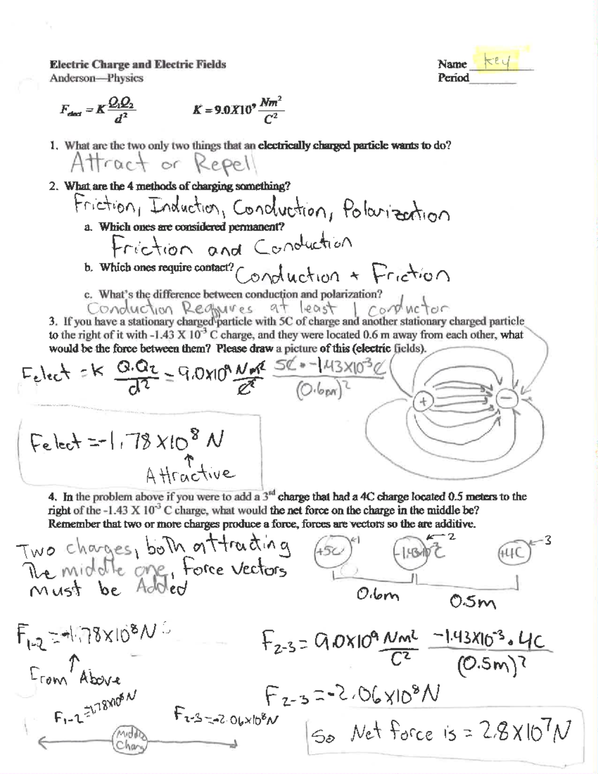 Electric Charge And Electric Fields Problem Set Anderson Physics