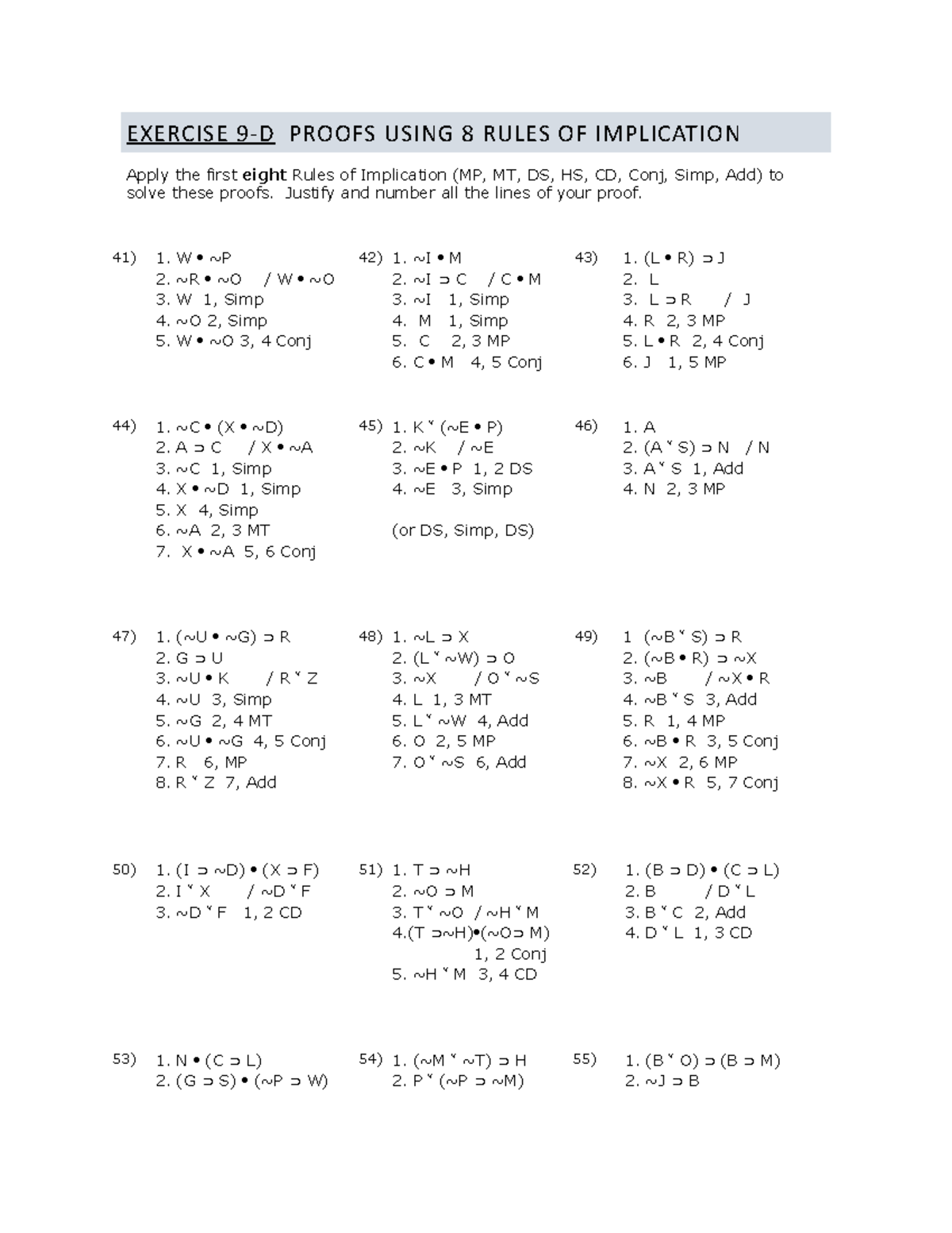 Proofs Using the 8 Rules of Implication - Exercise 9-D - Studocu