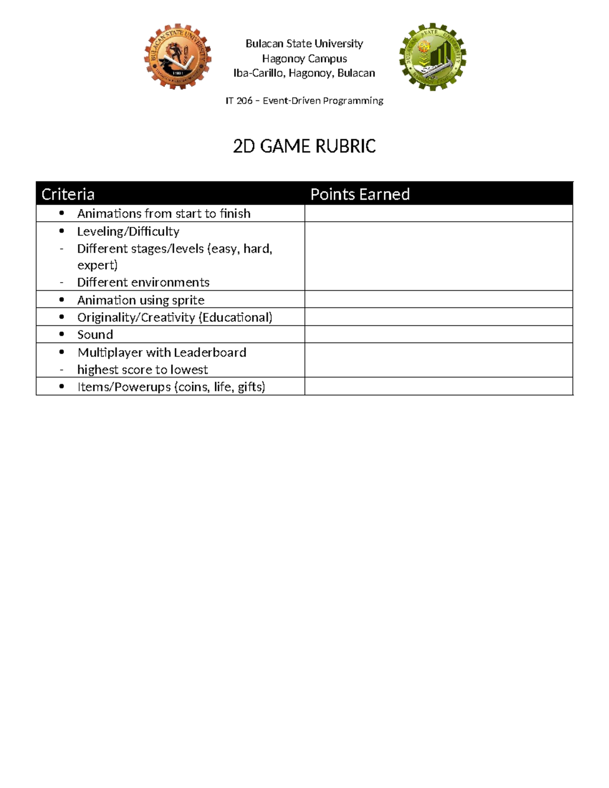 2D Game Rubric - n/a - Bulacan State University Hagonoy Campus Iba ...