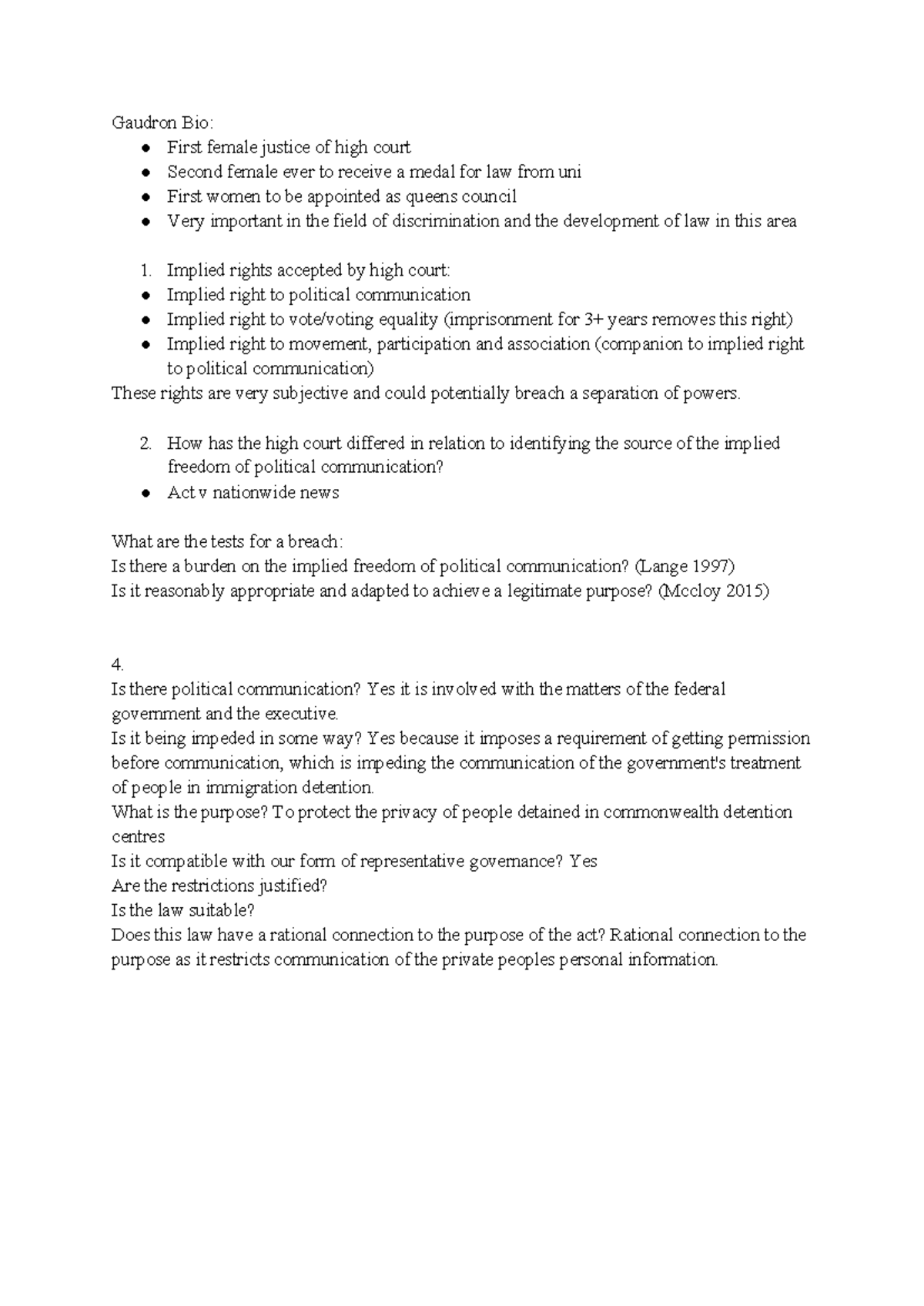 Const Law WK 12: Gaudron's Impact on Implied Rights and Political ...
