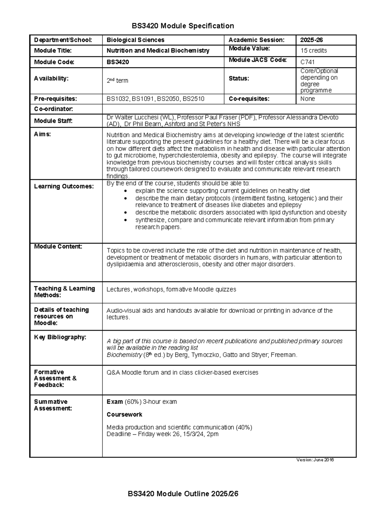 BS3420 Nutrition and Medical Biochemistry Module Outline 2025-26 - Studocu