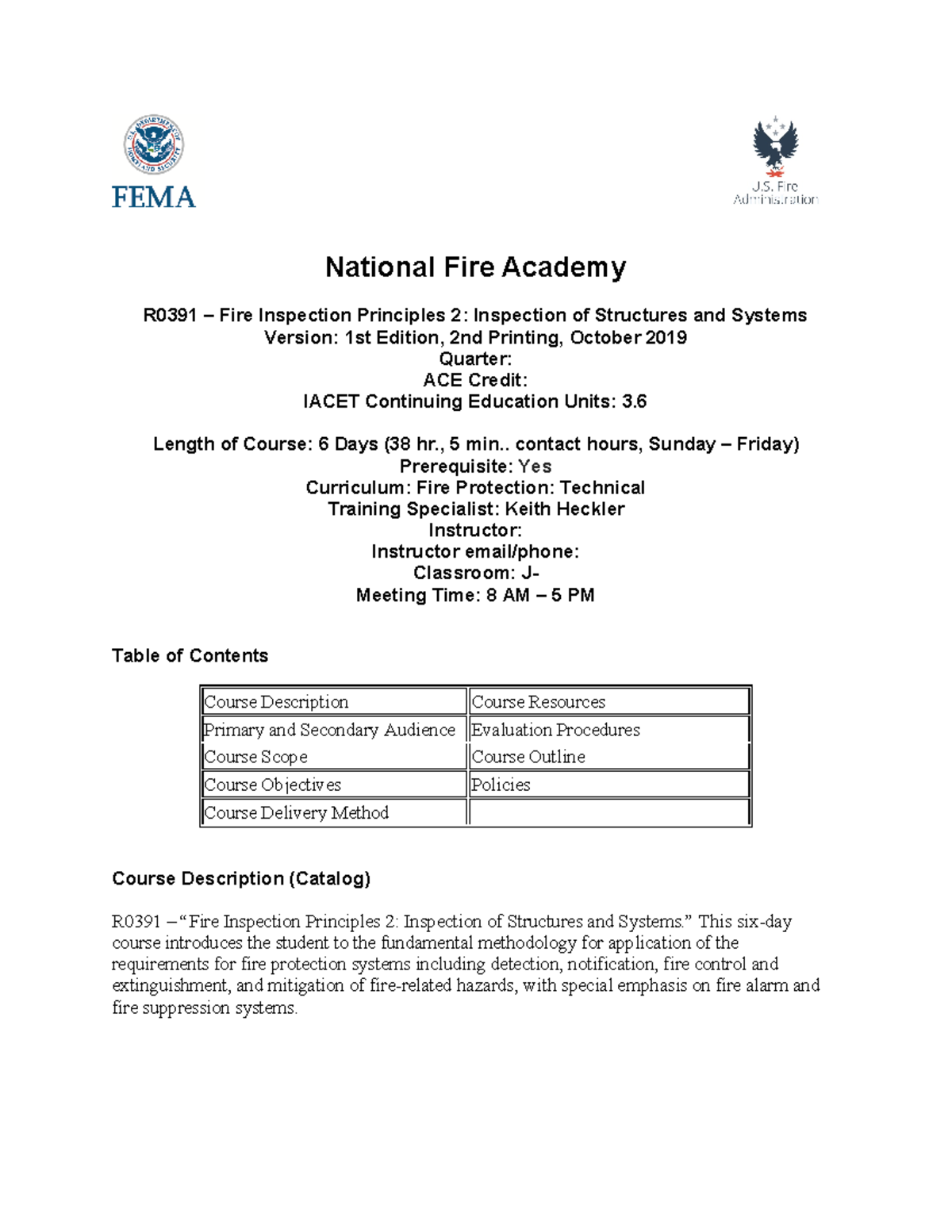 Syllabus r0391 - National Fire Academy R0391 – Fire Inspection ...