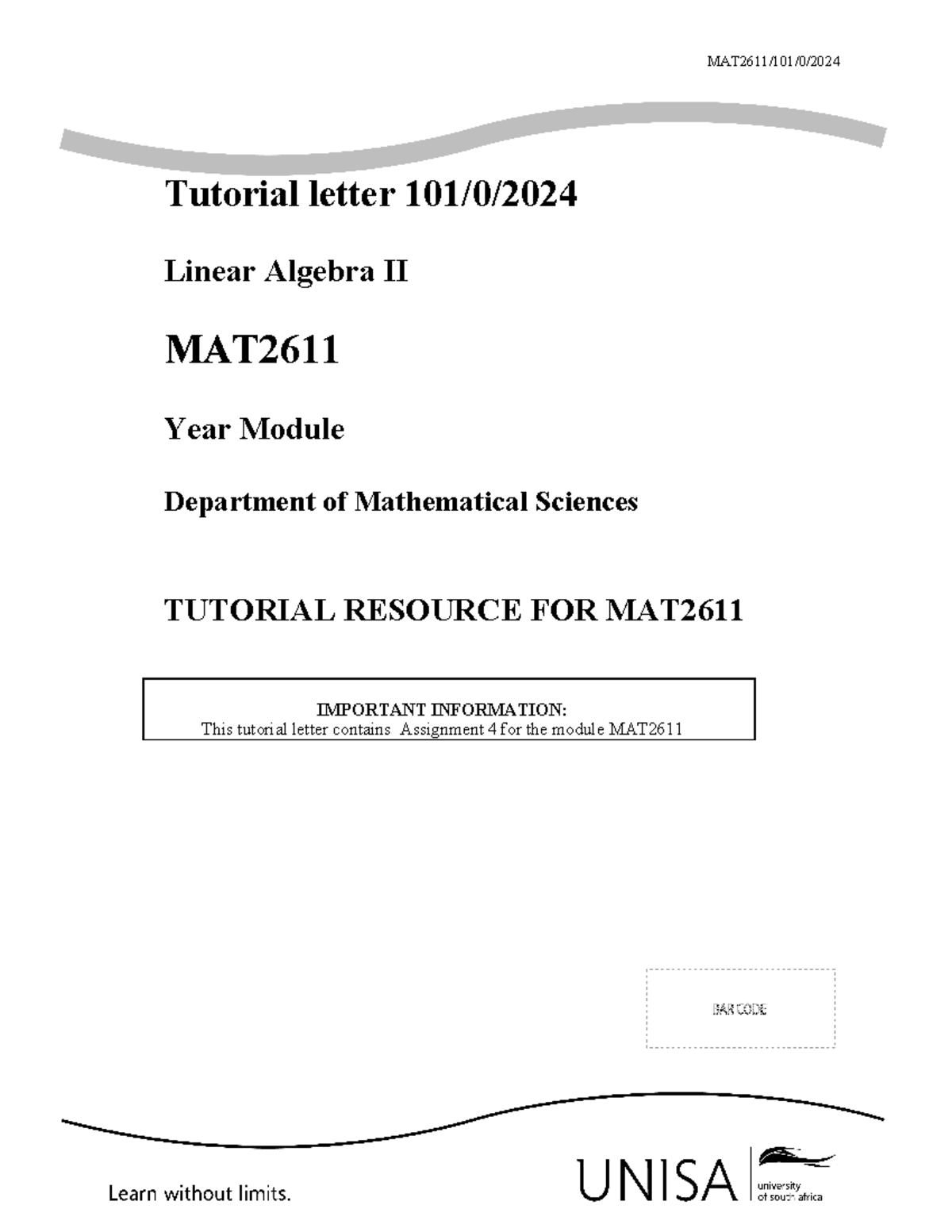 TL101 - MAT2611 2024 Linear Algebra II Assignment 4 Guide - Studocu