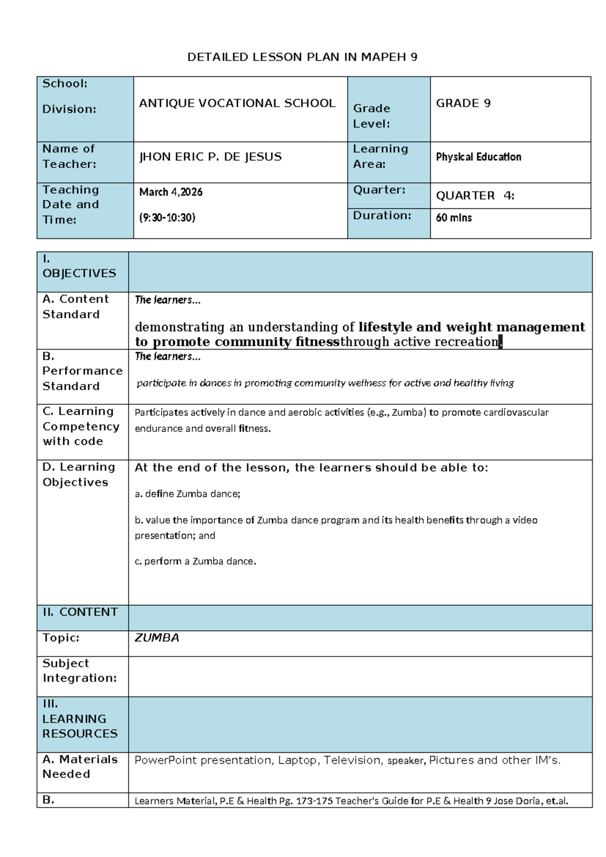 DETAILED LESSON PLAN: ZUMBA IN PHYSICAL EDUCATION (MAPEH 9) - Studocu