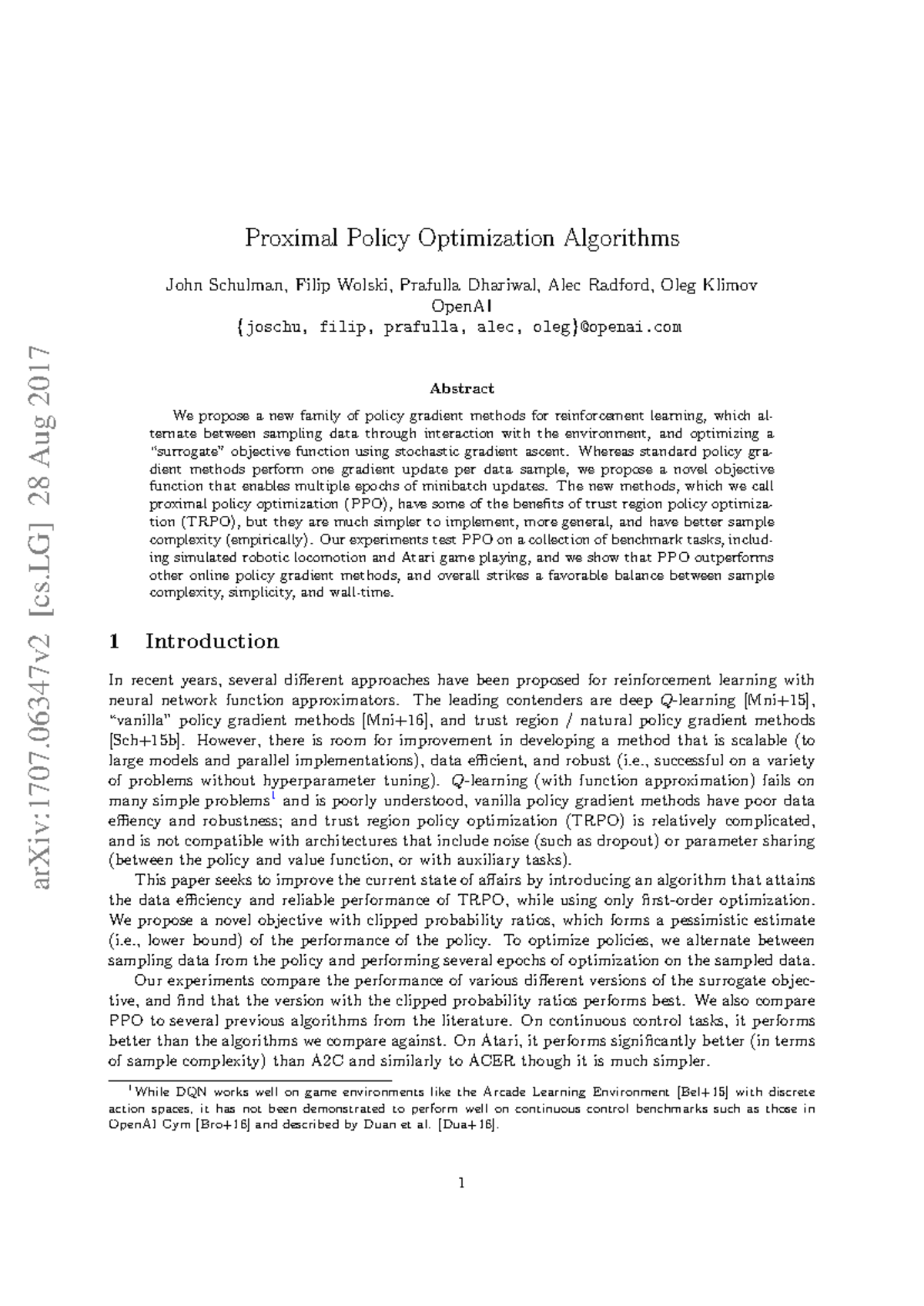 Proximal Policy Optimization Algorithms (PPO) - arXiv:1707.06347v2 ...