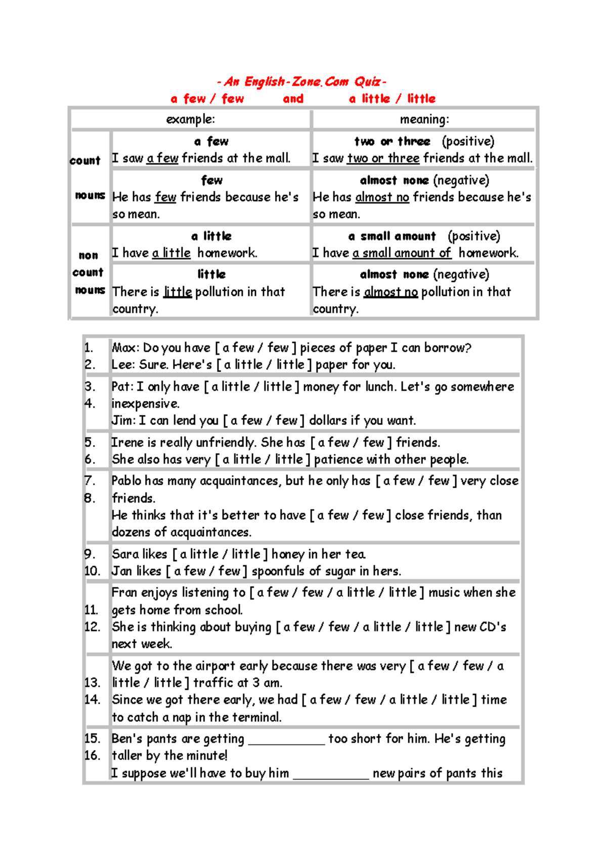 ENG 101: A Few, Few, A Little, Little - Usage Examples and Meanings ...