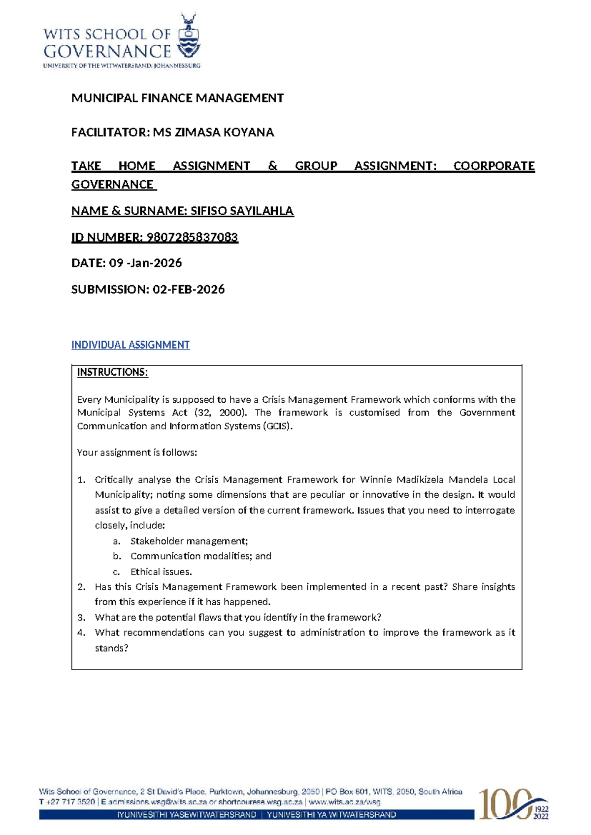 MUNICIPAL FINANCE MANAGEMENT: CRISIS MANAGEMENT FRAMEWORK ANALYSIS ...