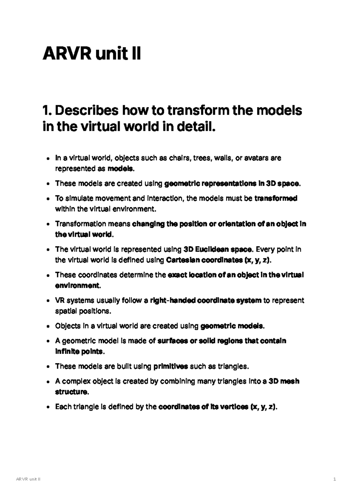 ARVR Unit II: Detailed Notes on Model Transformations and ...
