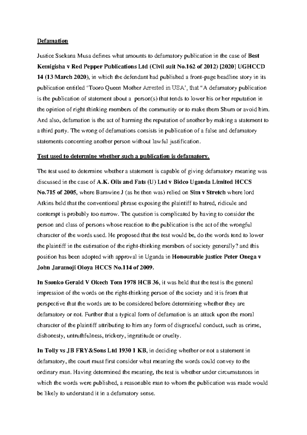 Torts Case Study: Defamation Analysis in Ugandan Law (Dk Writes) - Studocu
