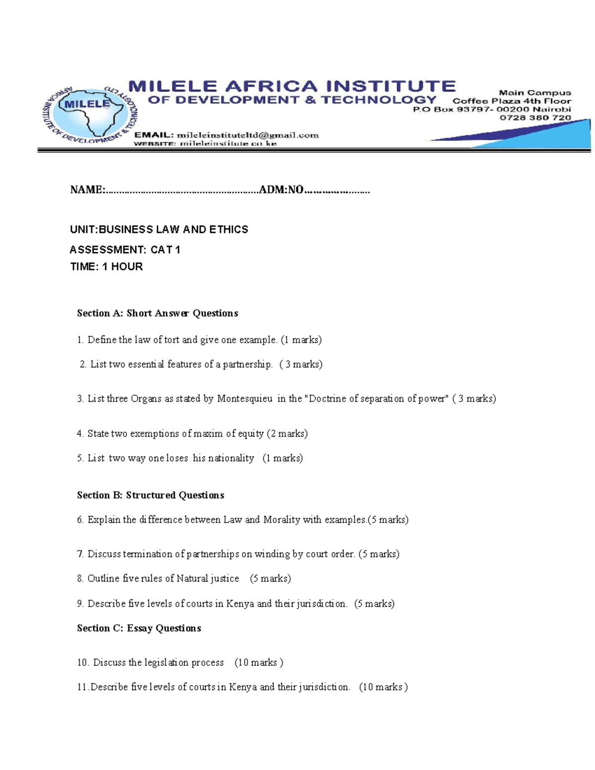 Business Law and Ethics - CAT 1 Assessment Questions - Studocu