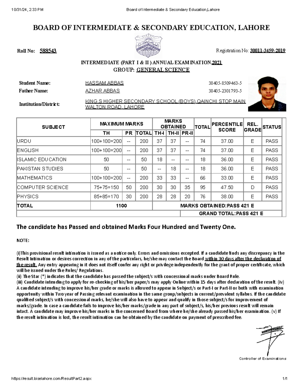 123 - dfdfdf - BOARD OF INTERMEDIATE & SECONDARY EDUCATION, LAHORE Roll ...