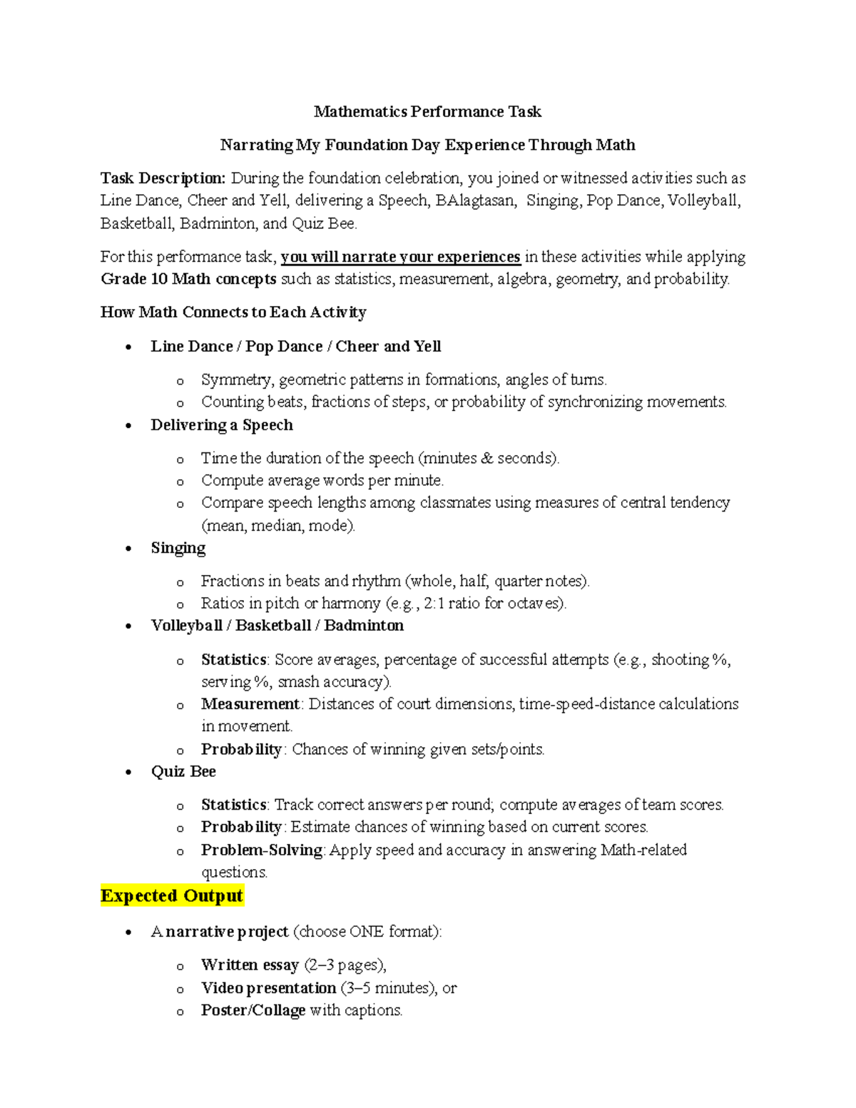 Mathematics Performance Task: Integrating Foundation Day Activities ...