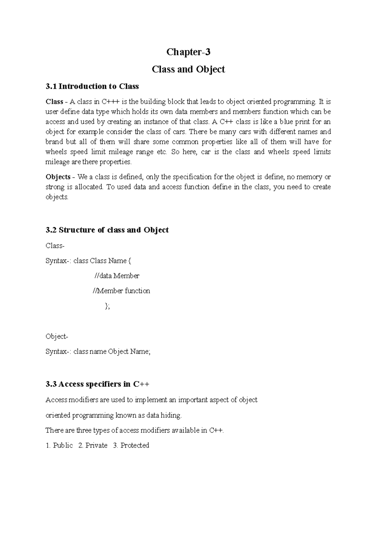Chapter 3 - Class and Object Overview for C++ Training Report - Studocu