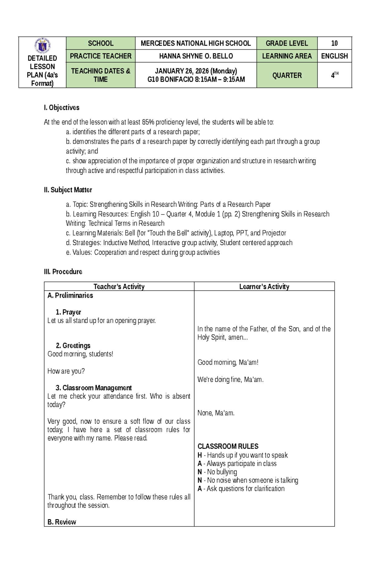 Research Terminologies: Detailed Lesson Plan for G10 4A's - Studocu