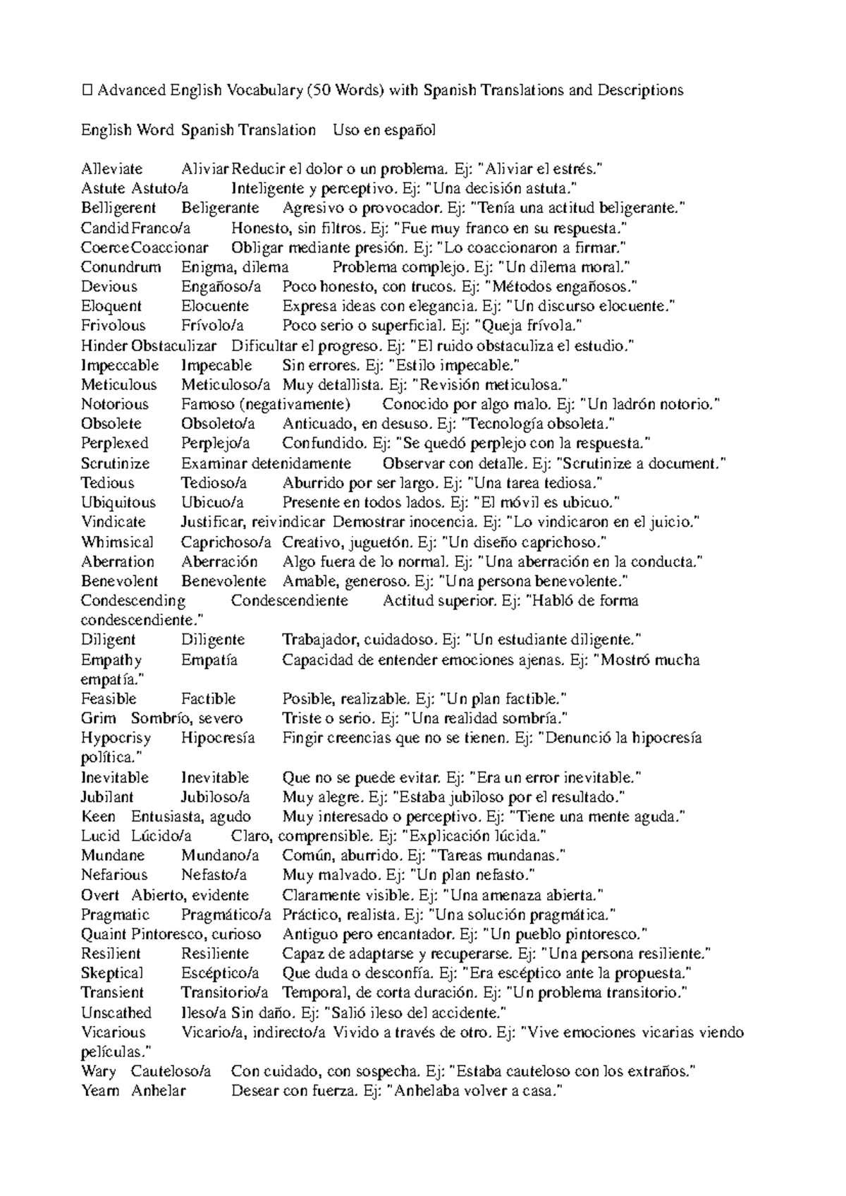 Advanced English Vocabulary (50 Words) with Spanish Translations - Studocu