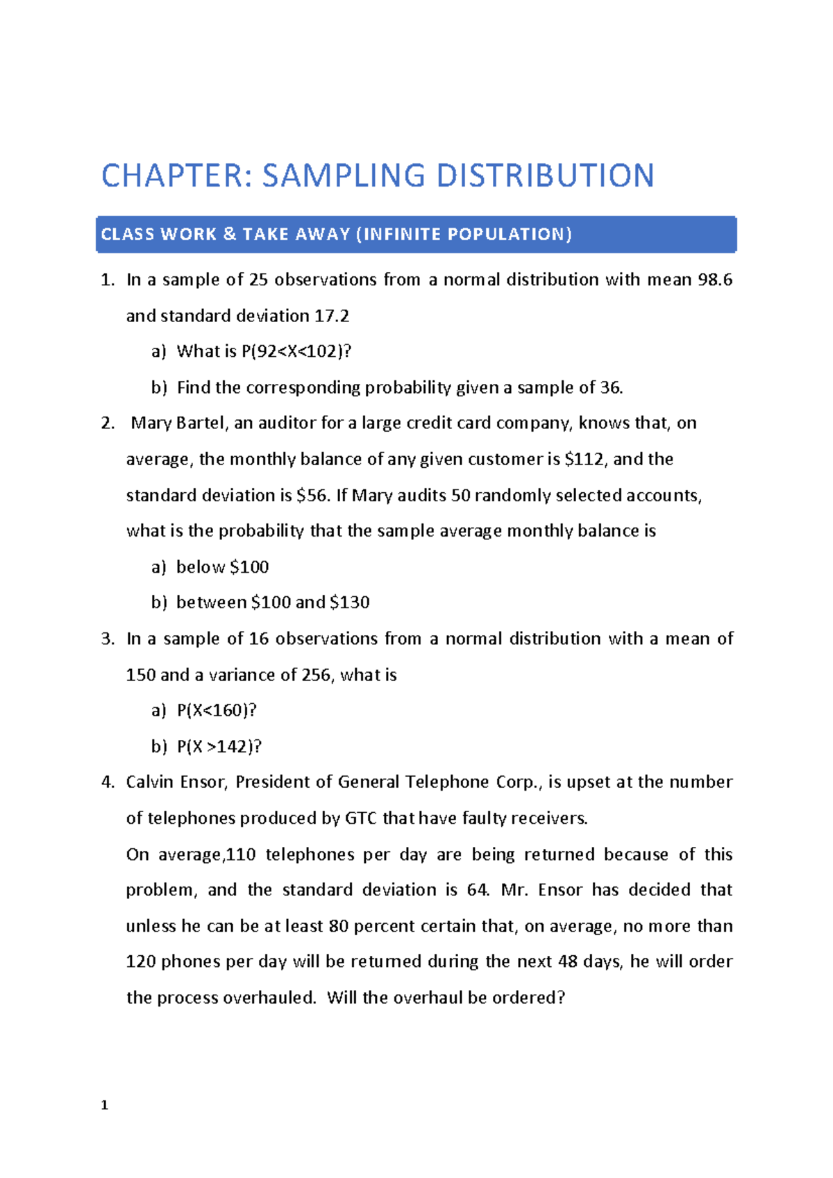 Sampling Distribution Class Work & Takeaway (5C628EFB) - Studocu