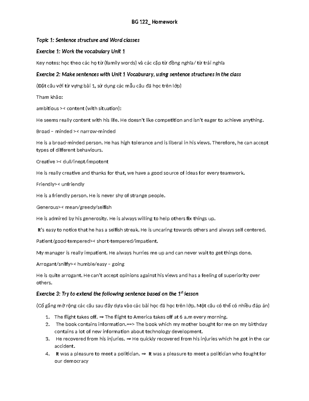 BG 122 Homework: Sentence Structure & Vocabulary Exercises - Studocu