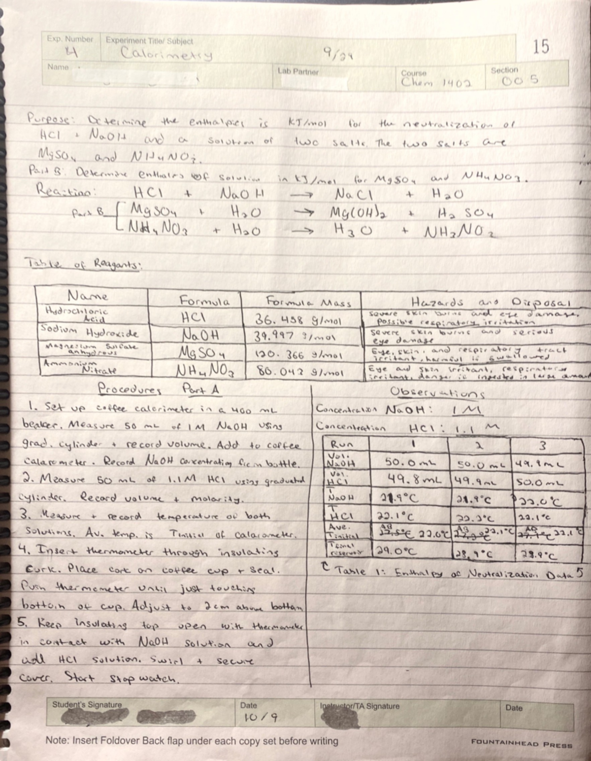 Gen Chem 1 Lab 4 Calorimetry - Exp. Number Experiment Subject 4 ...