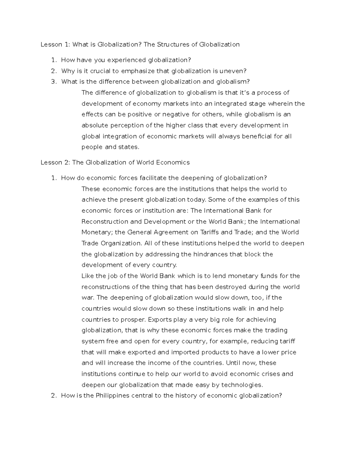 Lesson 1 - WADASDSDS - Lesson 1: What is Globalization? The Structures ...