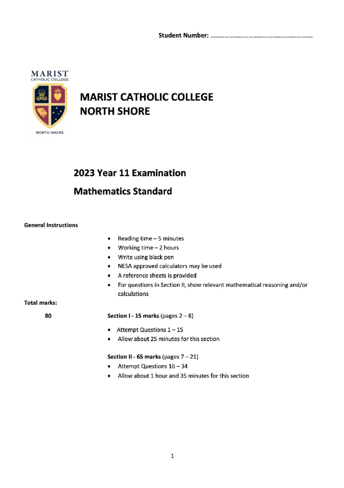 2023 Y11 Mathematics Standard Exam - General Instructions & Questions ...