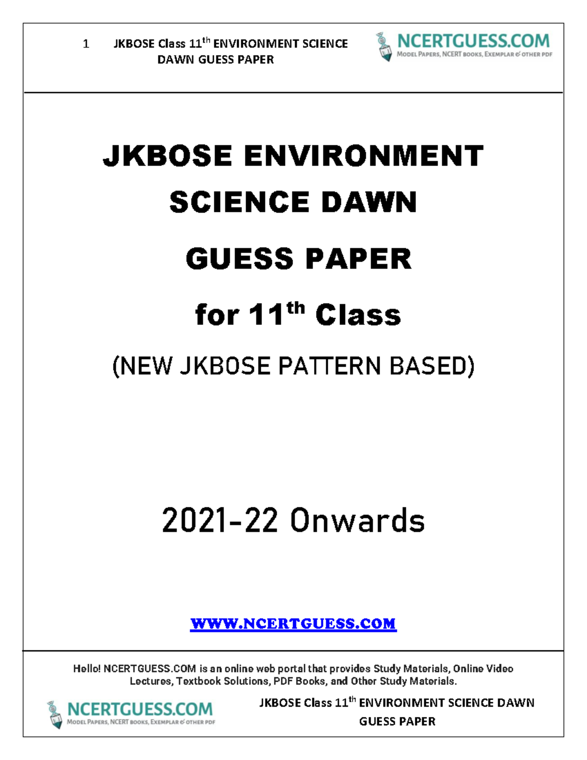 JKBOSE Class 11th Environment Science DAWN Guess Paper 2021-22 - Studocu