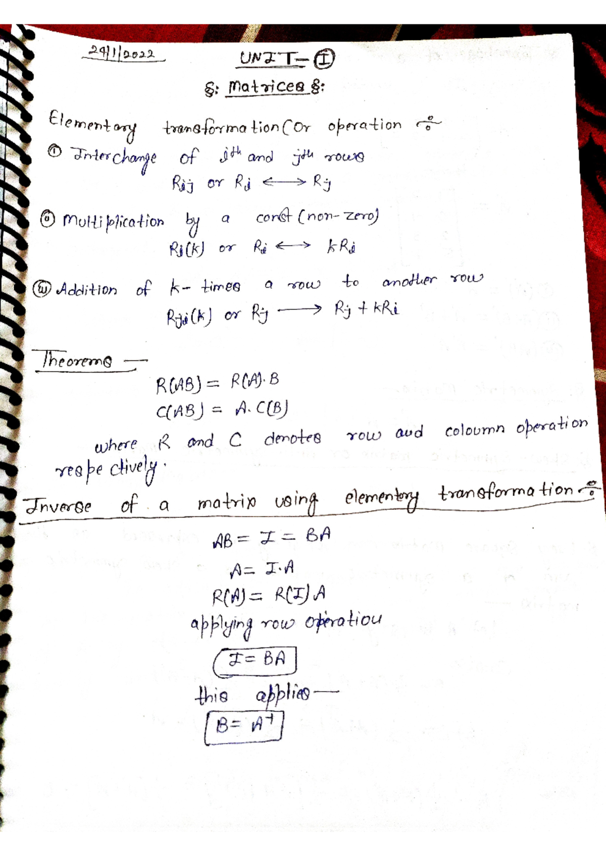 MATH UNIT - 1 - unit 1 practice notes - I is matrices Elementary ...