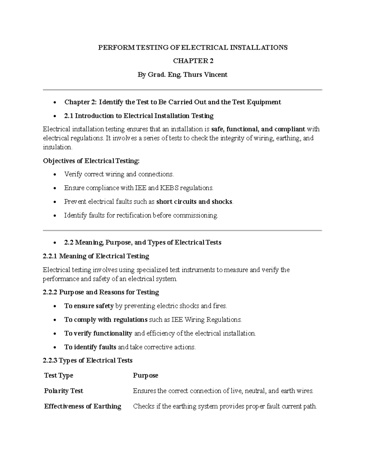 C2 Electrical Installations Testing: Chapter 2 Overview and Equipment ...