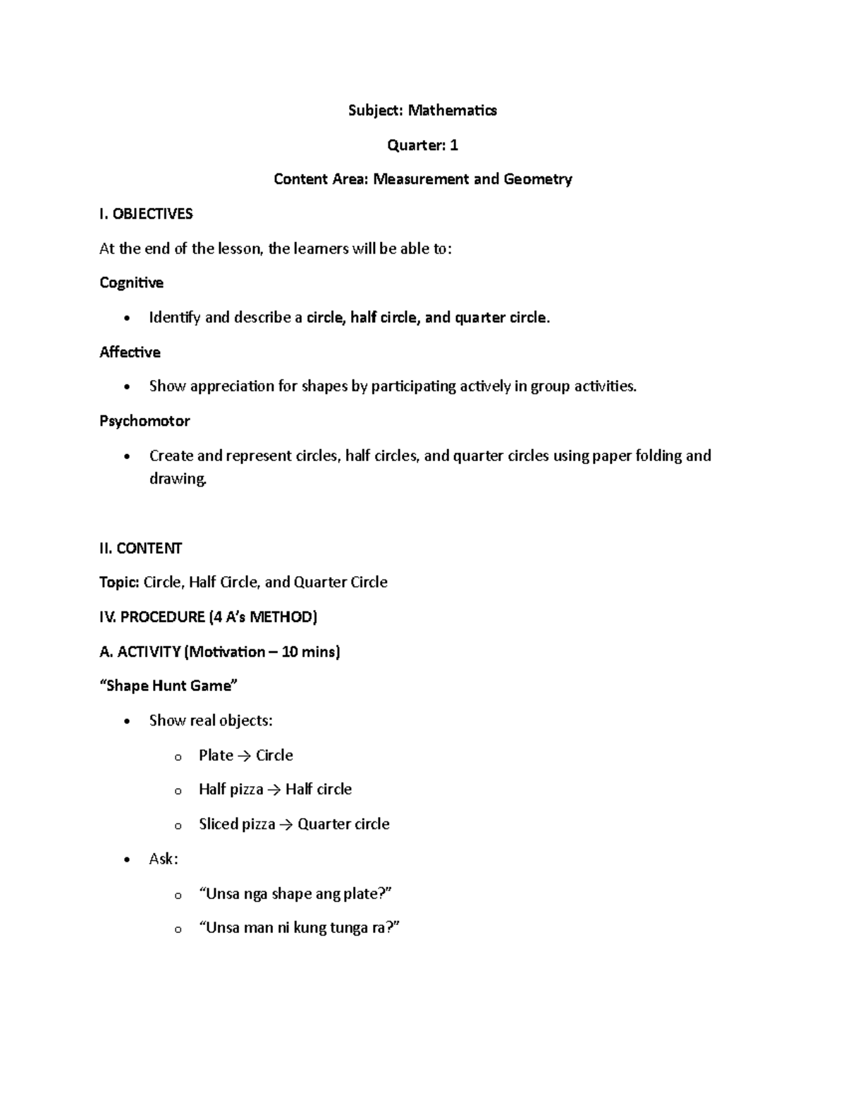 Grade 2 Mathematics: Measurement & Geometry Lesson on Circles - Studocu