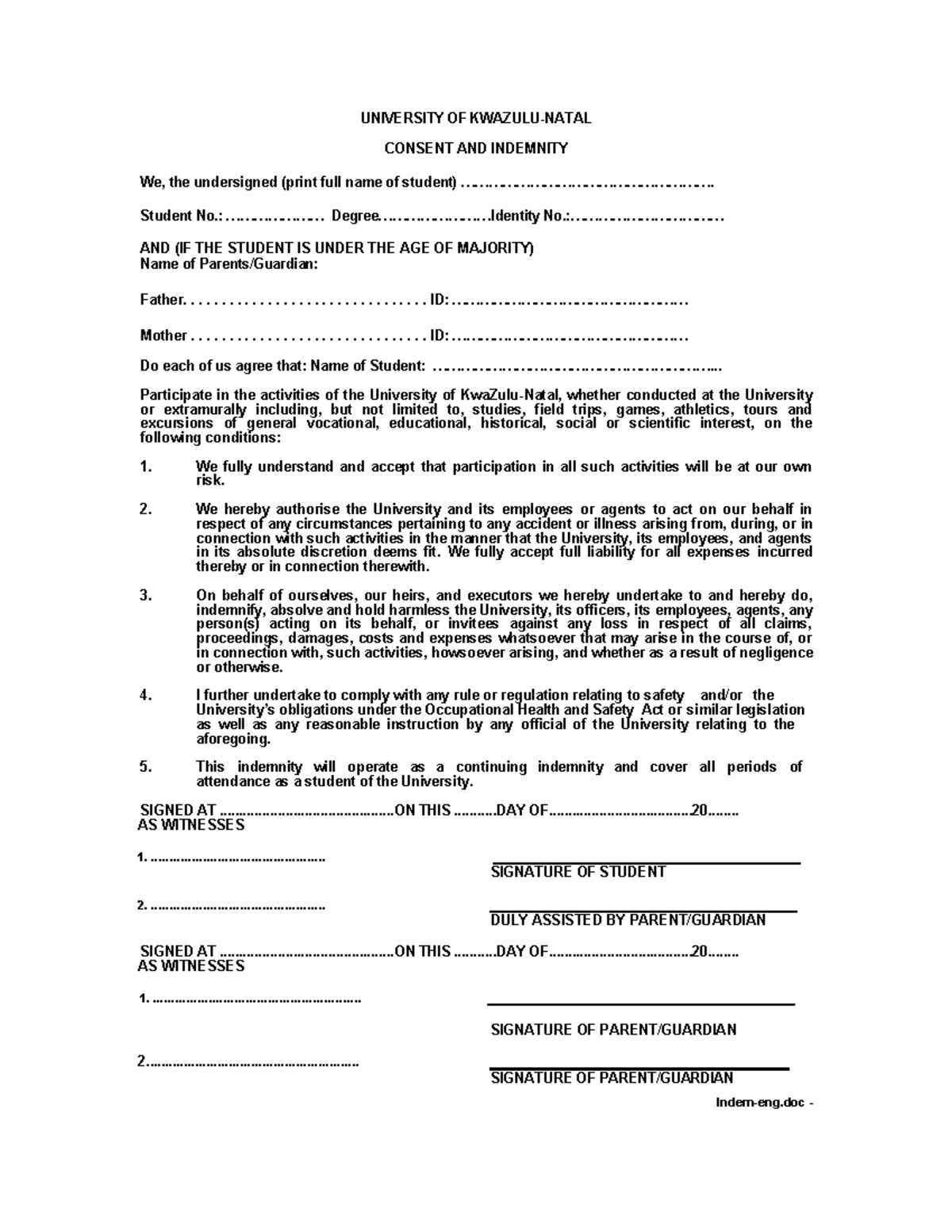 UNIVERSITY INDEMNITY FORM FOR STUDENT ACTIVITIES - Studocu