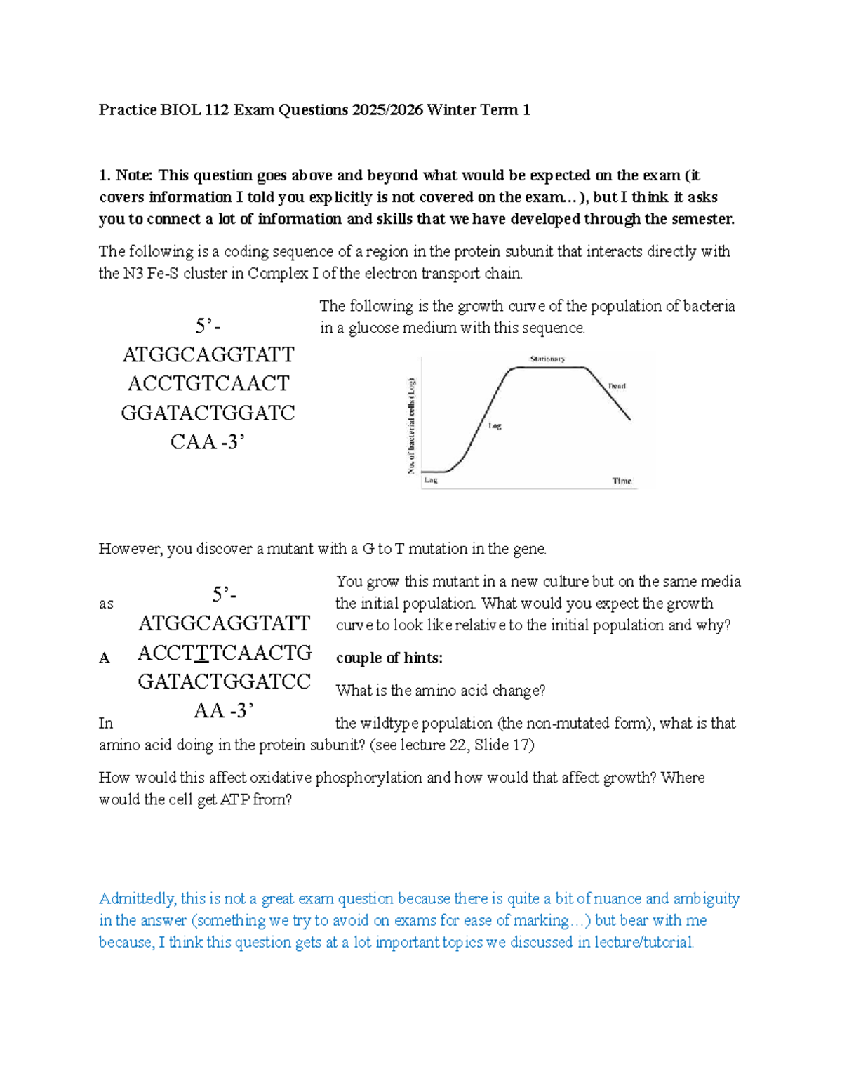BIOL 112 Practice Exam Questions Answer Key - Winter Term 2025 - Studocu