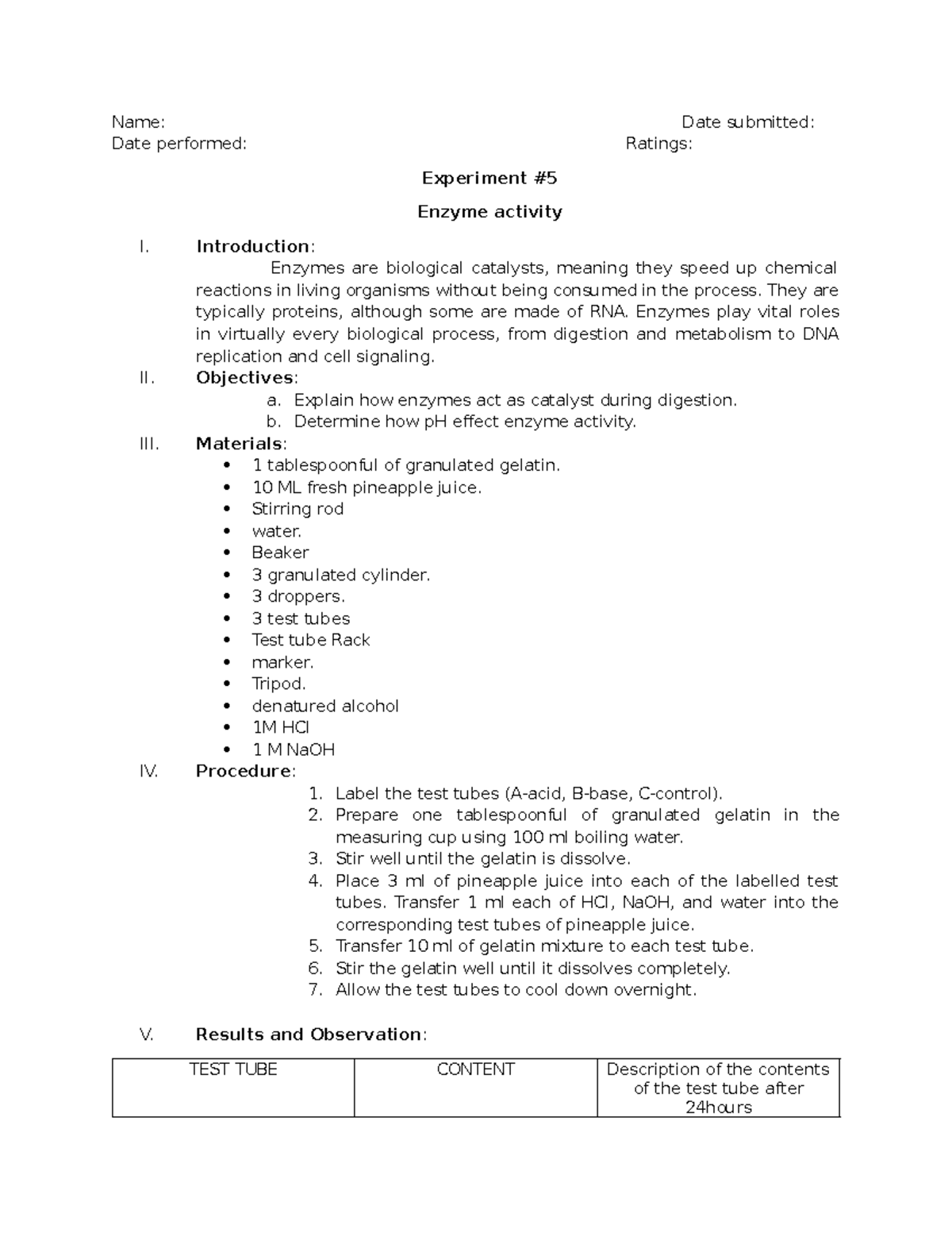 Lab report Manual - Name: Date submitted: Date performed: Ratings ...