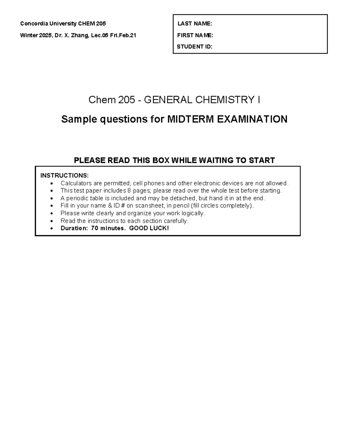 Chem 205 Midterm Exam Sample Questions & Solutions - Studocu