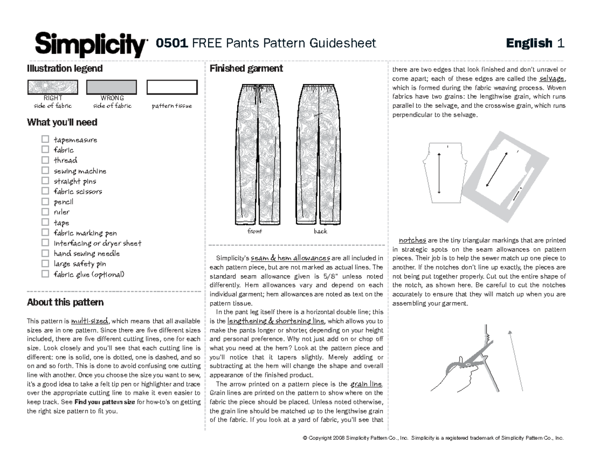0501 Pajama Pants Pattern Guidesheet: Right & Wrong Sides Explained ...