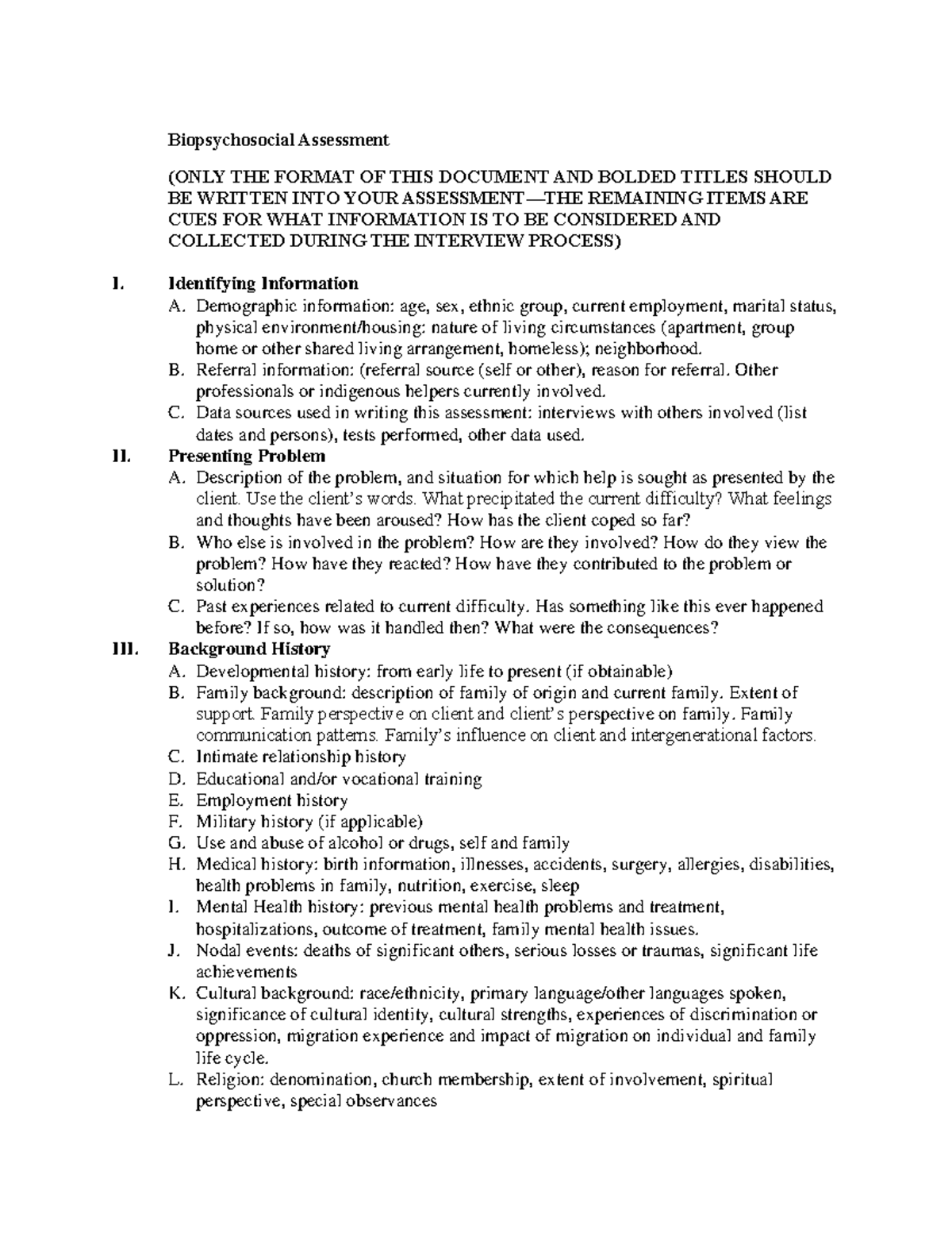 Biopsychosocial Assessment Format: Key Components & Guidelines - Studocu