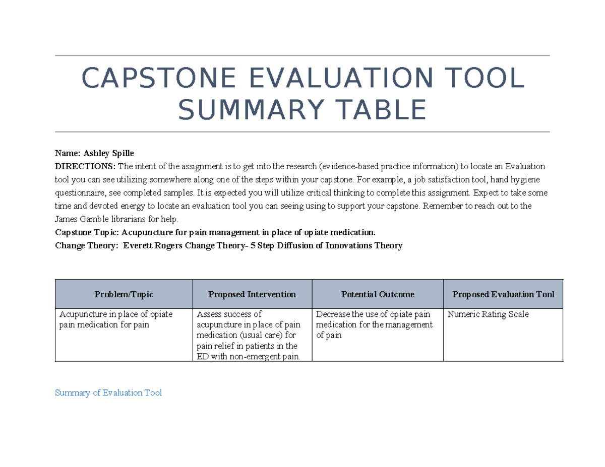 Capstone Evaluation Tool: Acupuncture for Pain Management in ED - Studocu