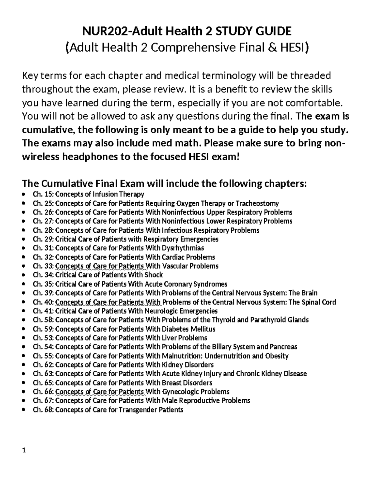 NUR202 Adult Health 2 Comprehensive Final Exam Study Guide - Studocu