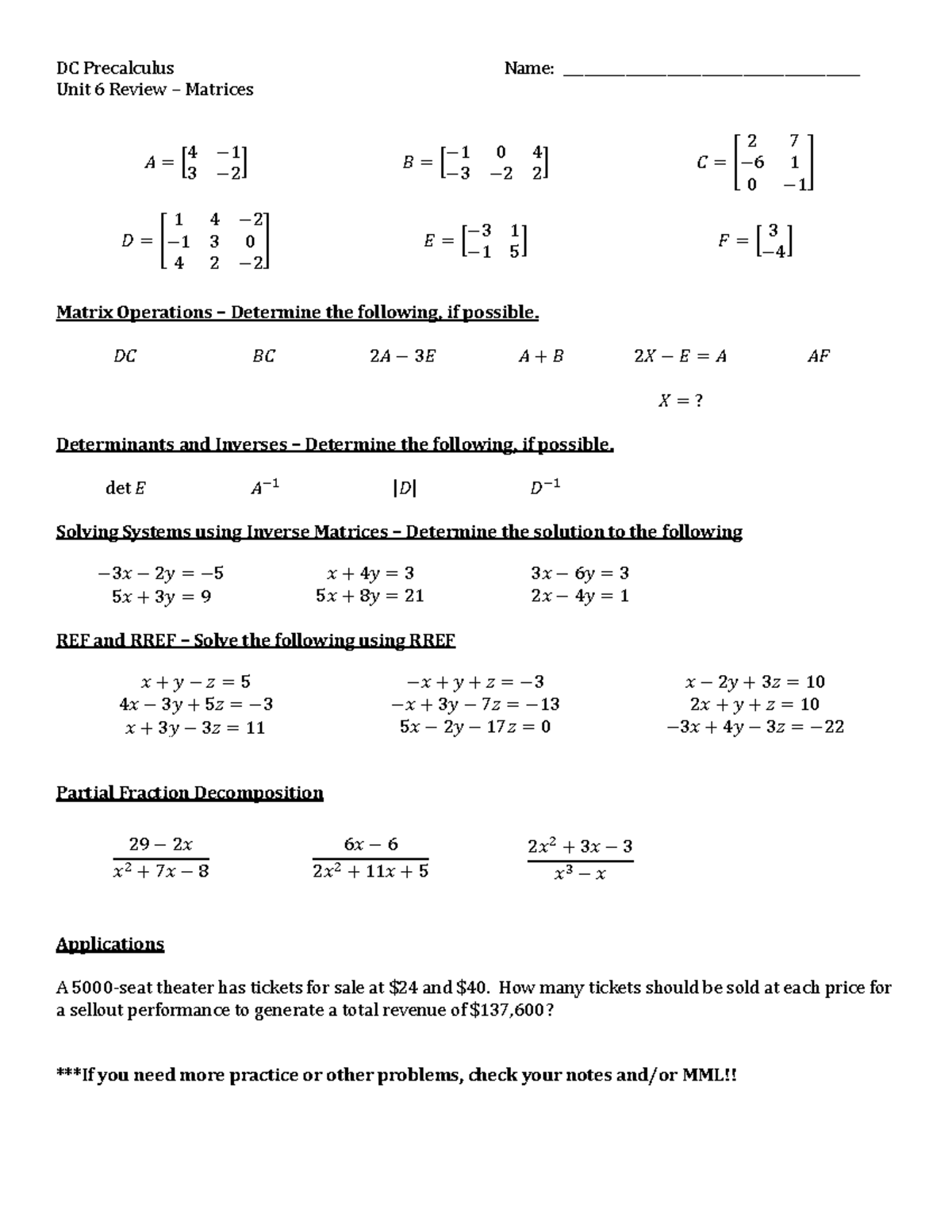 DC Precalculus Unit 6 Review – Matrices - Studocu