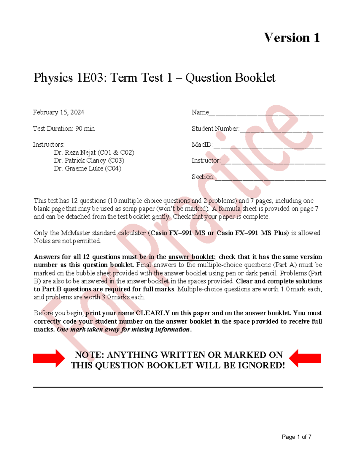 Physics 1E03: Term Test 1 Question Booklet - February 2024 - Studocu