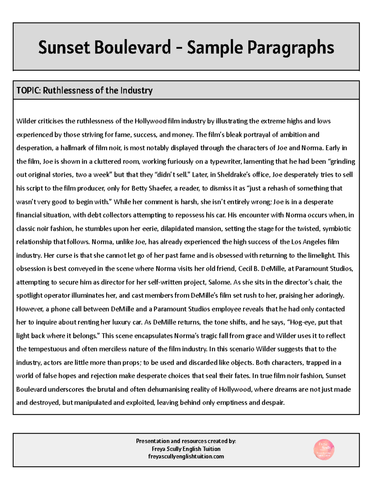 Sunset Boulevard Analysis: Ruthlessness of the Hollywood Industry - Studocu