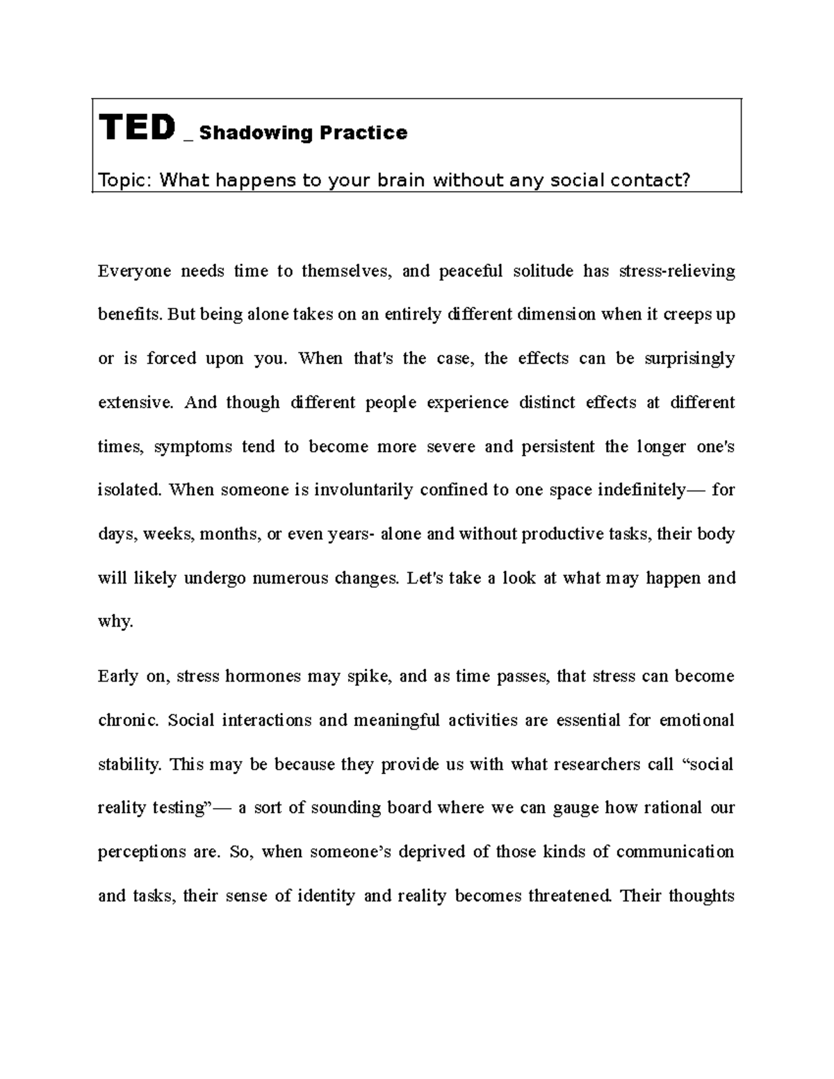 TED1 - Effects of Prolonged Isolation on Mental Health - Studocu