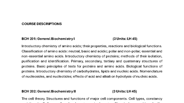 BCH Biochemistry Course Descriptions and Overview - Studocu