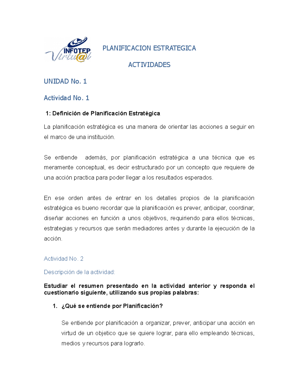 Actividades de Planificación Estratégica - Unidad 1 (Curso ABC123 ...